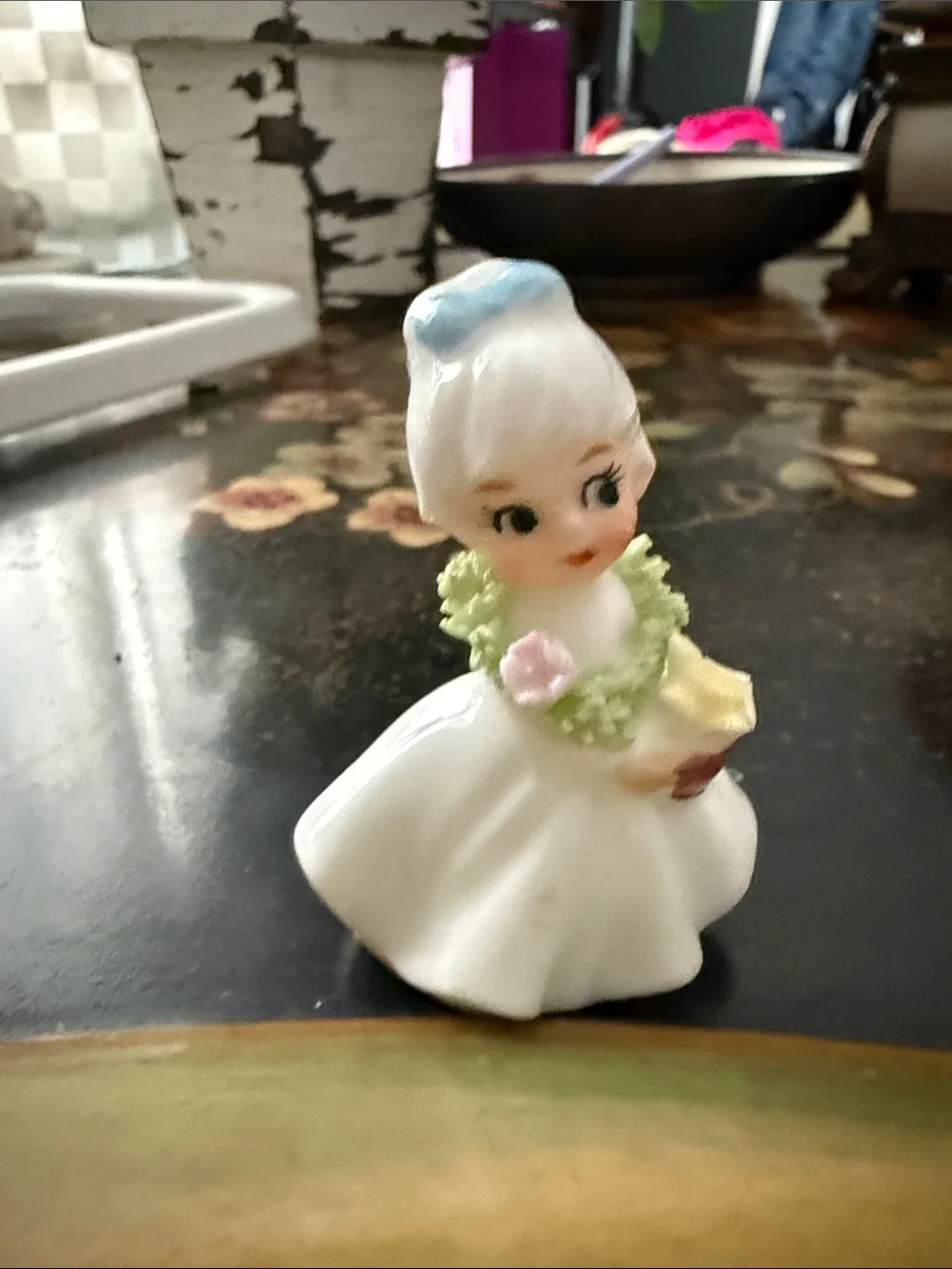 Vintage Bone China Flower Girl by Napco Figurine Girl with Pastel Accents -